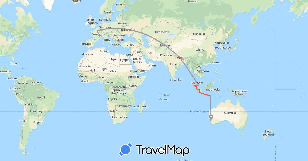 TravelMap itinerary: driving, plane, hiking, boat in Australia, France, Indonesia, Nepal, Singapore (Asia, Europe, Oceania)