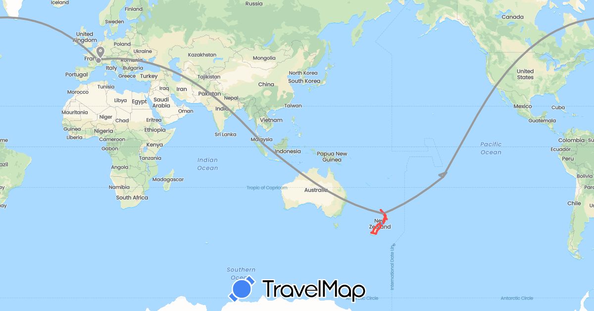TravelMap itinerary: driving, plane, hiking, boat in Switzerland, France, New Zealand, French Polynesia, Singapore, United States (Asia, Europe, North America, Oceania)